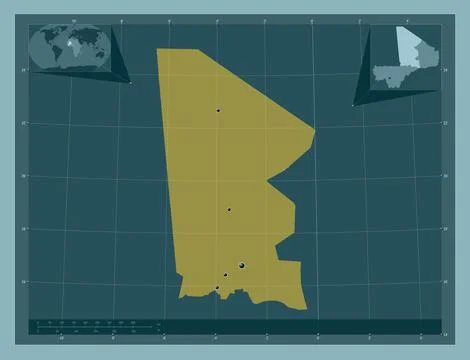 Timbuktu, Mali. Solid color shape. Locations of major cities of the region Stockillustratie