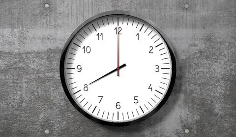 Time at 8 o clock - classic analog clock on rough concrete wall Stock Illustration