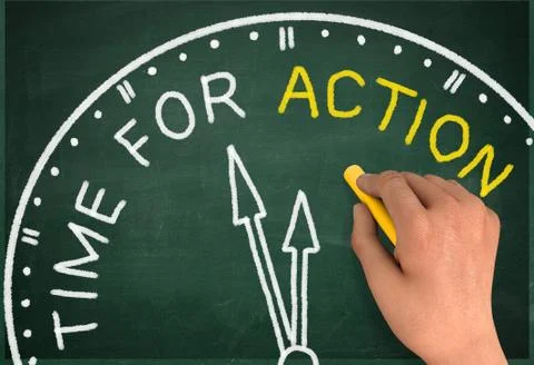 Time for action clock chalkboard write concept 3d illustration Stock Illustration