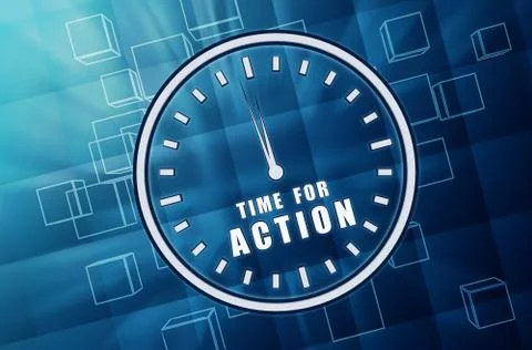 Time for action in clock symbol in blue glass cubes Stock Illustration