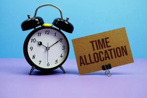 Time Allocation text with alarm clock on blue and purple background Stock Photos