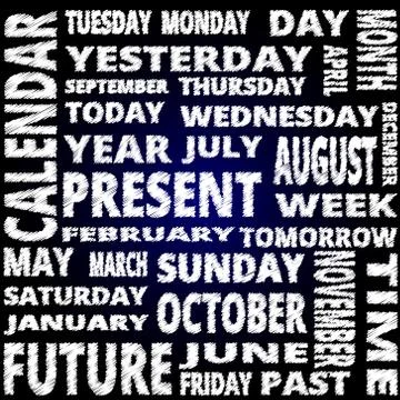 Time and calendar word cloud scribble style text on blue background Stockillustratie