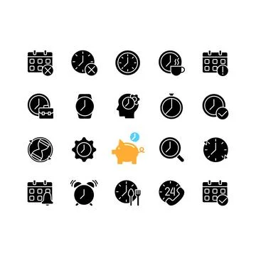 Time and clock black glyph icons set on white space Stock Illustration