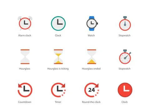Time and Clock color icons on white background. Stock Illustration