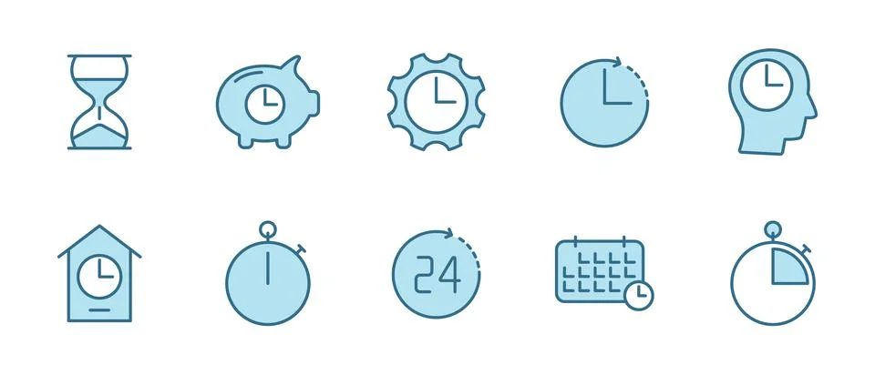 Time and clock flat vector icons in two colors Stock Illustration