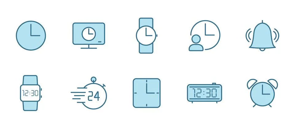 Time and clock flat vector icons in two colors Stock Illustration