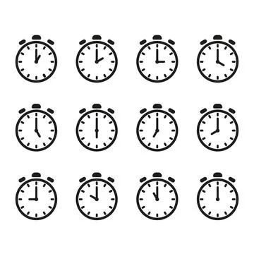 Time and clock icon set. Half past of the clock sign.Complete twelve hours .. Stock Illustration