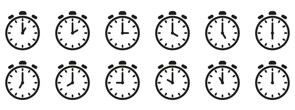 Time and clock icon set. Half past of the clock sign.Complete twelve hours .. Stock Illustration