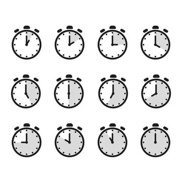 Time and clock icon set. Half past of the clock sign.Complete twelve hours .. Stock Illustration