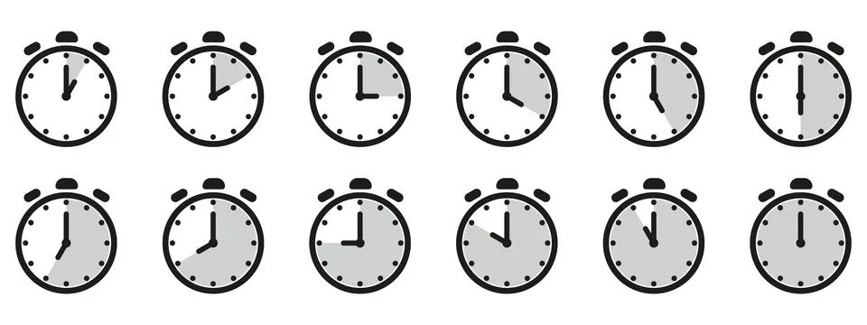 Time and clock icon set. Half past of the clock sign.Complete twelve hours .. Stock Illustration