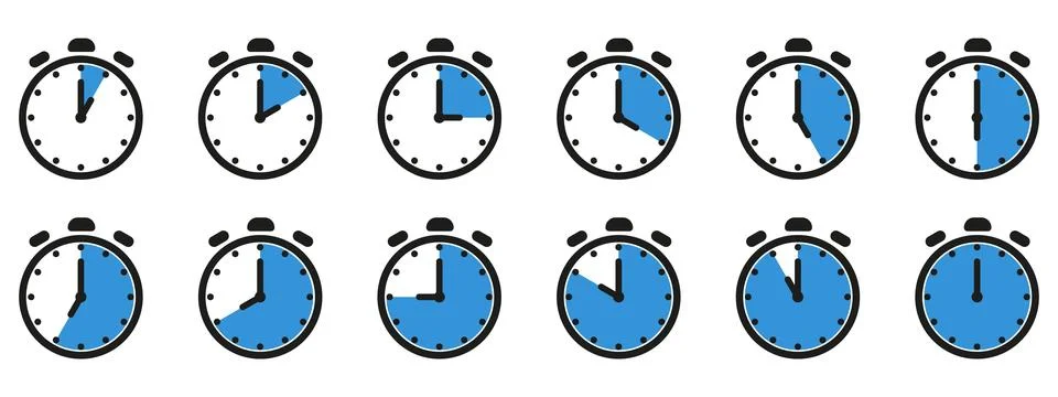 Time and clock icon set. Half past of the clock sign.Complete twelve hours .. Stock Illustration