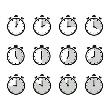 Time and clock icon set. Half past of the clock sign.Complete twelve hours .. Stock Illustration