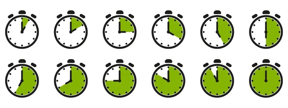 Time and clock icon set. Half past of the clock sign.Complete twelve hours .. Stock Illustration