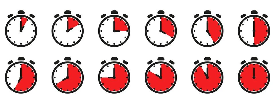 Time and clock icon set. Half past of the clock sign.Complete twelve hours .. Stock Illustration