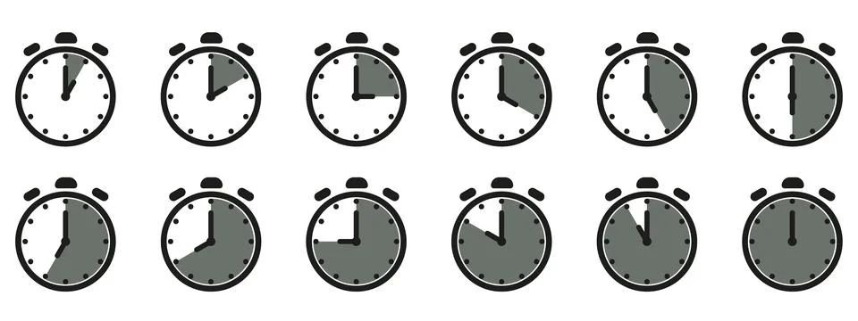 Time and clock icon set. Half past of the clock sign.Complete twelve hours .. Stock Illustration