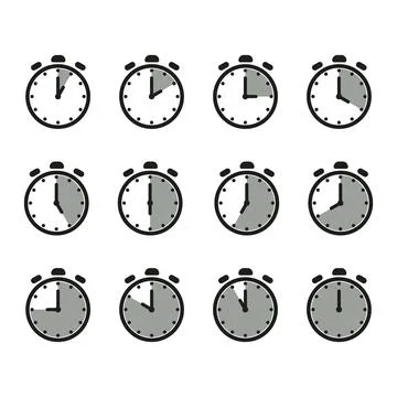 Time and clock icon set. Half past of the clock sign.Complete twelve hours .. Stock Illustration