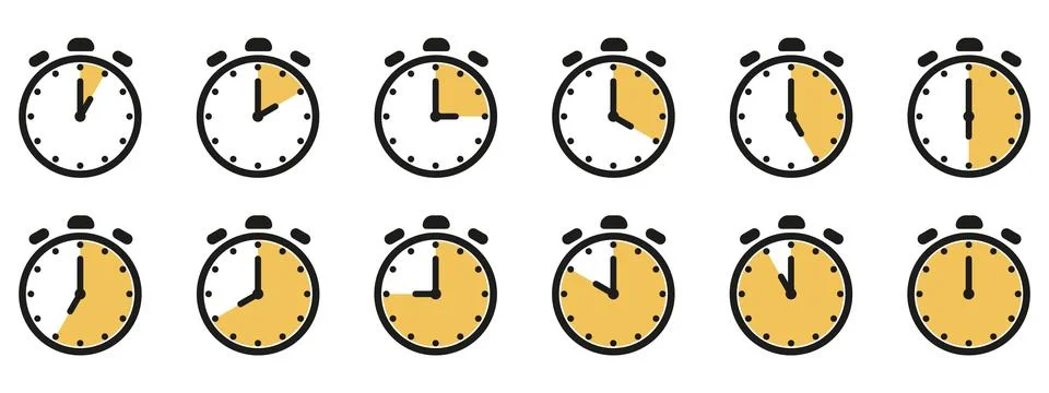 Time and clock icon set. Half past of the clock sign.Complete twelve hours .. Stock Illustration