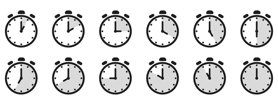 Time and clock icon set. Half past of the clock sign.Complete twelve hours .. Stock Illustration