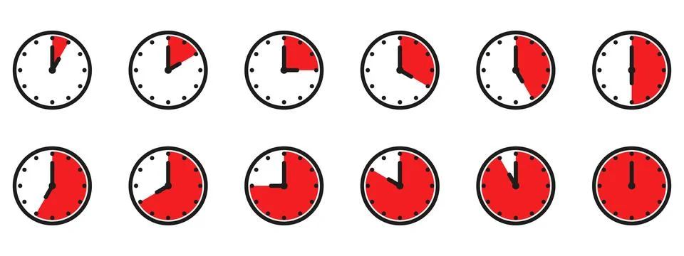 Time and clock icon set. Half past of the clock sign.Complete twelve hours .. Stock Illustration