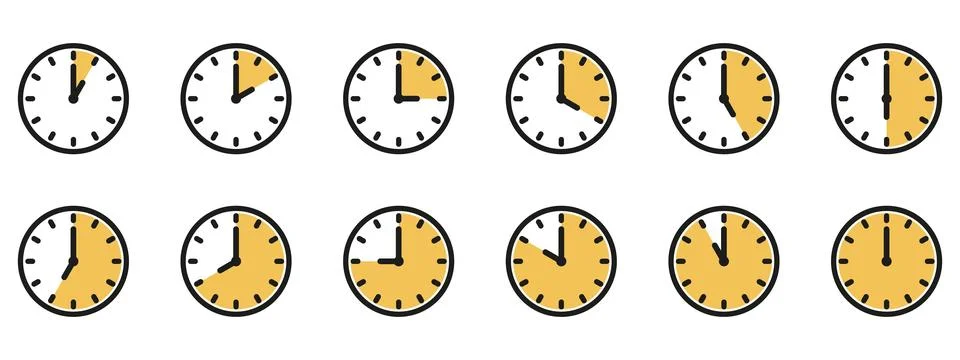 Time and clock icon set. Half past of the clock sign.Complete twelve hours .. Stock Illustration