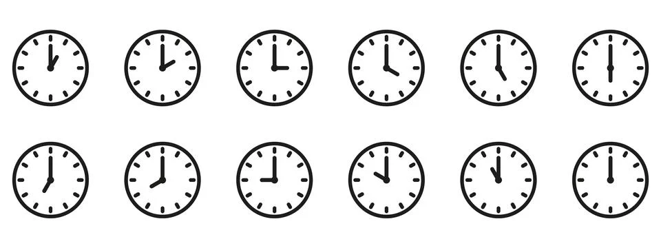 Time and clock icon set. Half past of the clock sign.Complete twelve hours .. Stock Illustration