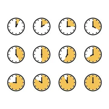 Time and clock icon set. Half past of the clock sign.Complete twelve hours .. Stock Illustration