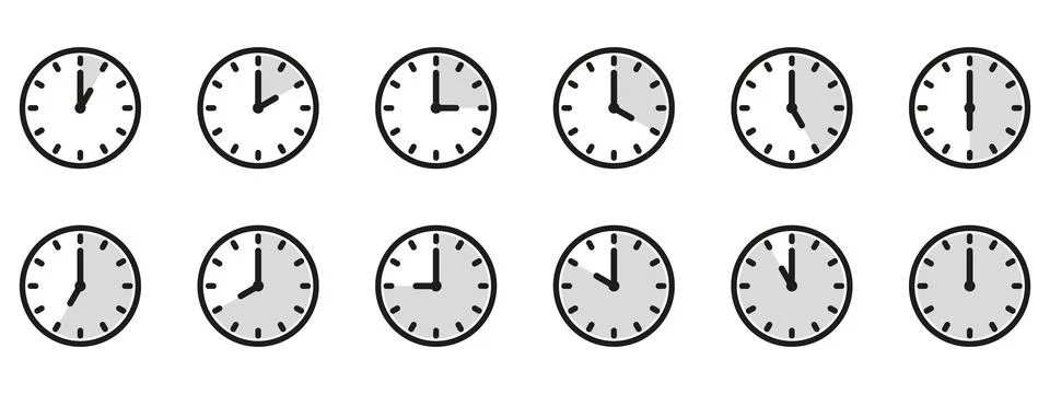 Time and clock icon set. Half past of the clock sign.Complete twelve hours .. Stock Illustration
