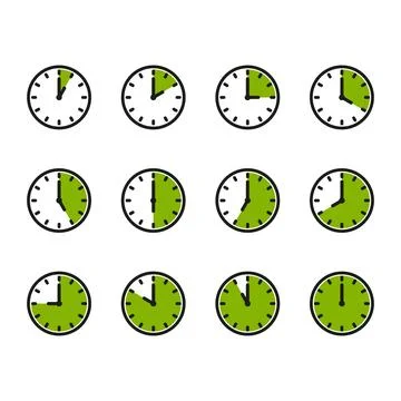 Time and clock icon set. Half past of the clock sign.Complete twelve hours .. Stock Illustration