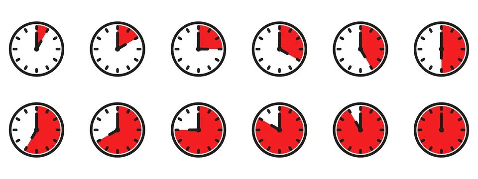 Time and clock icon set. Half past of the clock sign.Complete twelve hours .. Stock Illustration