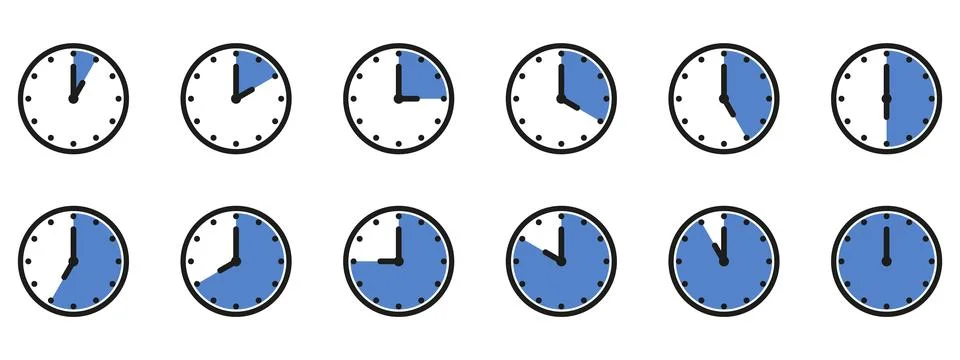 Time and clock icon set. Half past of the clock sign.Complete twelve hours .. Stock Illustration