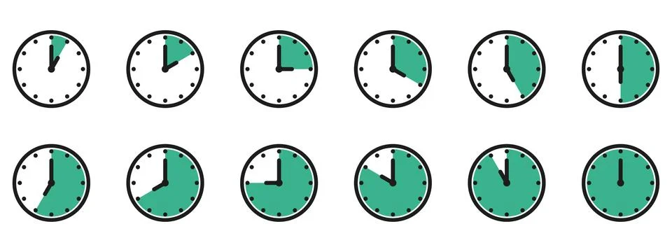 Time and clock icon set. Half past of the clock sign.Complete twelve hours .. Stock Illustration