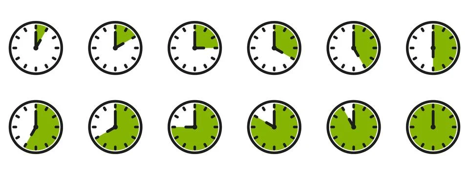 Time and clock icon set. Half past of the clock sign.Complete twelve hours .. Stock Illustration