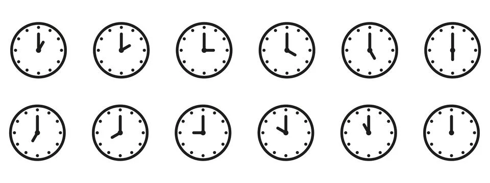 Time and clock icon set. Half past of the clock sign.Complete twelve hours .. Stock Illustration