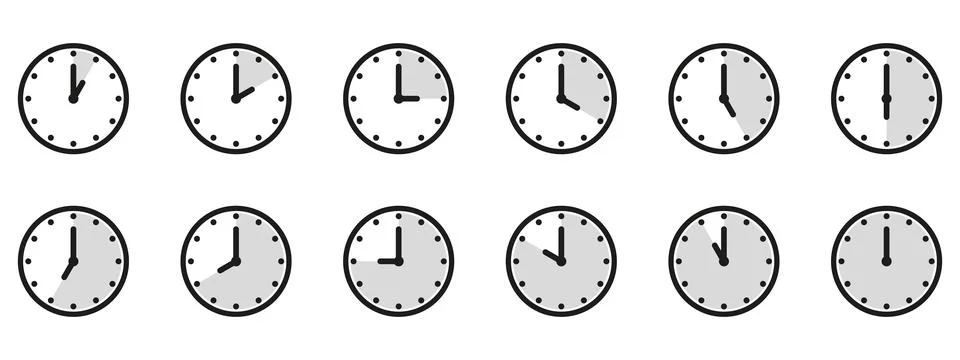Time and clock icon set. Half past of the clock sign.Complete twelve hours .. Stock Illustration
