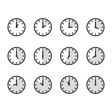 Time and clock icon set. Half past of the clock sign.Complete twelve hours .. Stock Illustration
