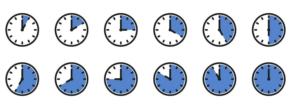 Time and clock icon set. Half past of the clock sign.Complete twelve hours .. Stock Illustration