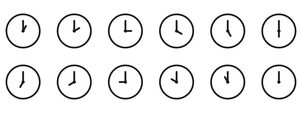 Time and clock icon set. Half past of the clock sign.Complete twelve hours .. Stock Illustration