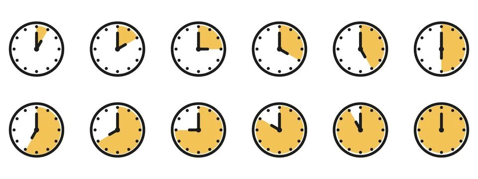 Time and clock icon set. Half past of the clock sign.Complete twelve hours .. Stock Illustration