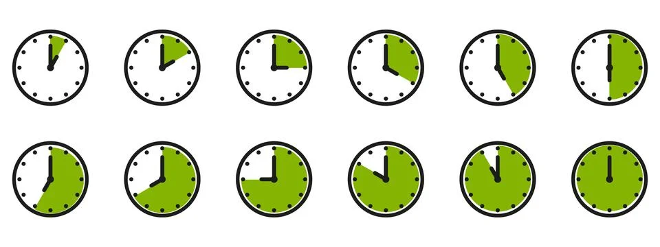 Time and clock icon set. Half past of the clock sign.Complete twelve hours .. Stock Illustration
