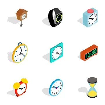 Time and clock icons, isometric 3d style Stock Illustration