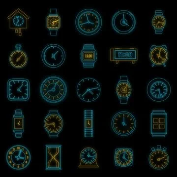 Time and clock icons set vector neon Stock Illustration