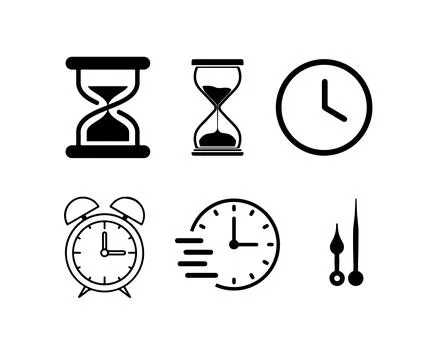 Time and clock icons set with hourglass, alarm clock, wall clock, stopwatch.. Stock Illustration