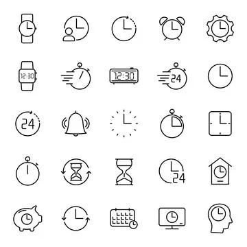 Time and clock outline vector icons isolated on white Illustrazione stock