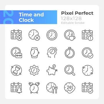 Time and clock pixel perfect linear icons set 스톡 일러스트