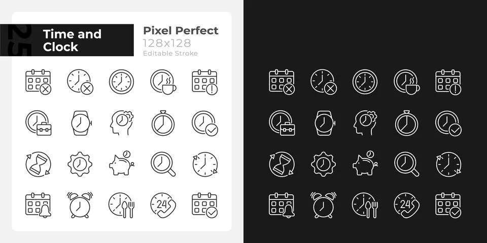 Time and clock pixel perfect linear icons set for dark, light mode Stock-Illustration