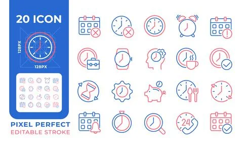 Time and clock two color line icons set Stock Illustration