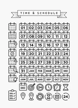 Time and date calendar concept editable stroke outline icons set Stock Illustration