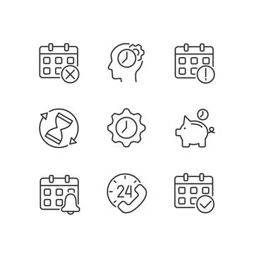 Time and date pixel perfect linear icons set Stock Illustration