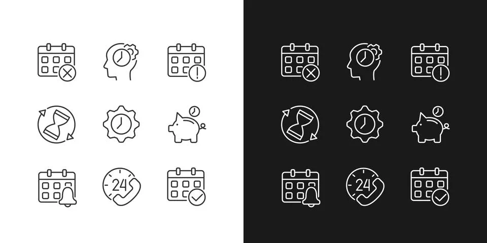 Time and date pixel perfect linear icons set for dark, light mode Stock Illustration
