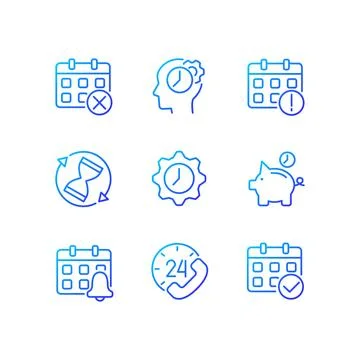 Time and date pixel perfect gradient linear vector icons set Stock Illustration